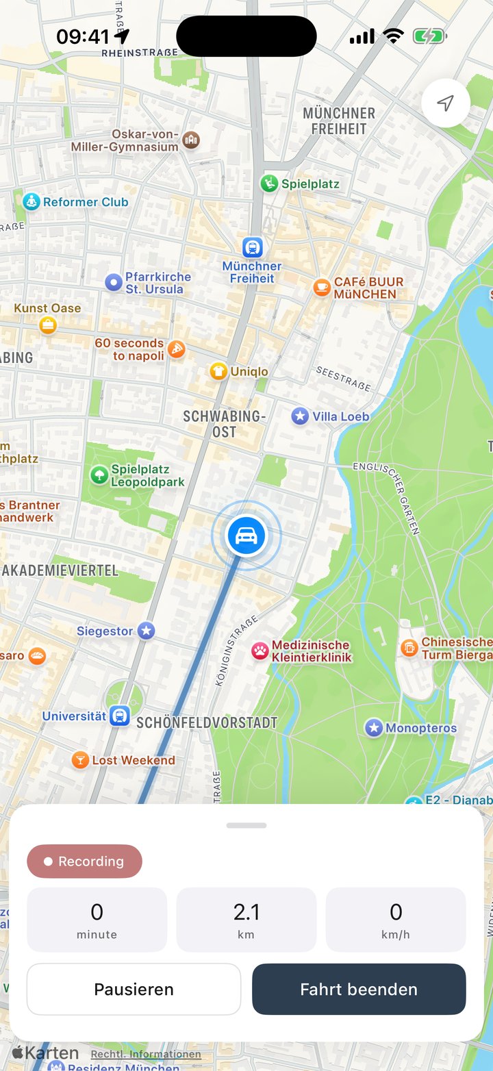 Mile Tracker zeichnet eine Fahrt live auf der Karte auf: Strecke, Zeit und Geschwindigkeit mit den Tasten Pausieren und Fahrt beenden