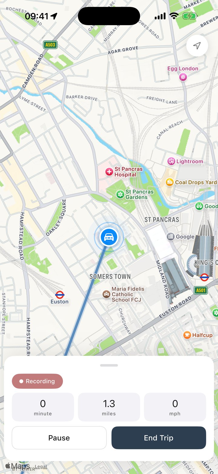 Mile Tracker recording a trip live on a map: distance, time and speed with Pause and End Trip buttons