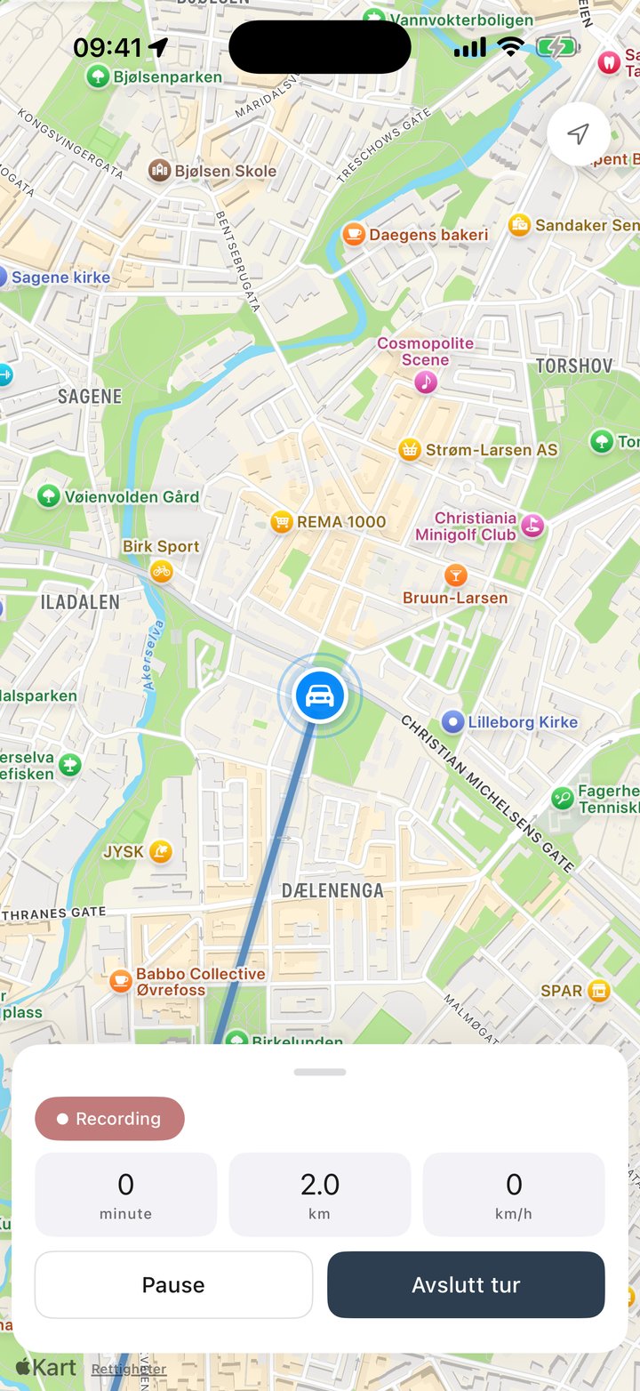 Mile Tracker logger en tur direkte på kartet: avstand, tid og fart med knappene Pause og Avslutt tur
